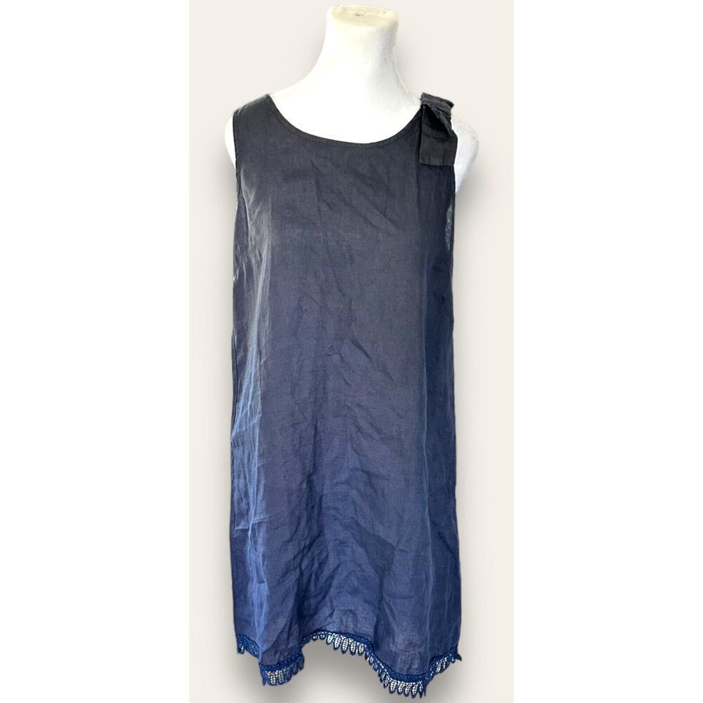 Bellambia Dress Linen Blue Eyelet Trim Italy Beach Boho Bow Lagenlook Coverup M - Picture 2 of 7